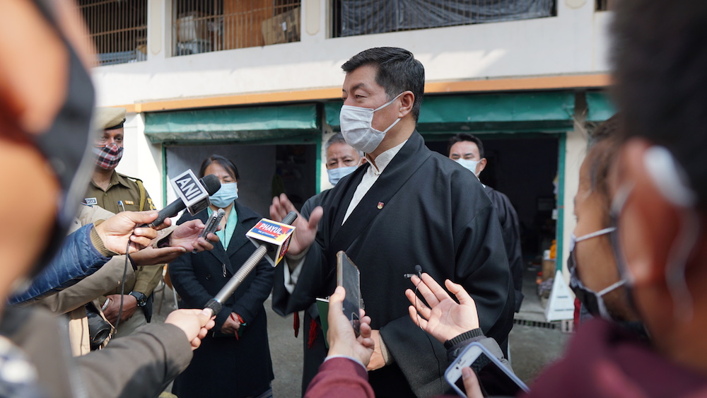 CTA President Dr. Lobsang Sangay speaking to the press on voting day at Dharamshala on Jan. 3, 2021 (Photo- Tenzin Leckphel/Phayul)