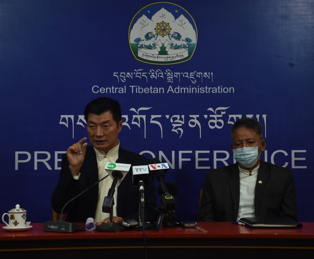 CTA President Lobsang Sangay (L) and Finance Minister Karma Yeshi (R) during the press briefing on August 19, 2020 (Phayul Photo- Kunsang Gashon)