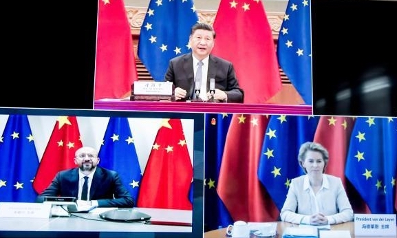 Chinese Prez Xi Jinping, Presient of European Council Ursala Von der Leyen and Charles Michel during the 22nd EU-China summit held virtually on June 22 2020 (europeansting)