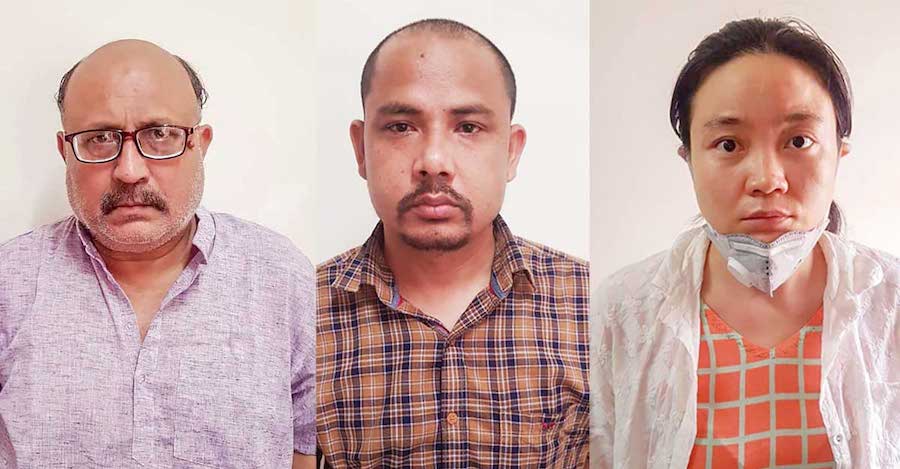 Indian journalist Rajeev Sharma (L), unnamed Nepalese associate (C) and Chinese businesswoman (R) (ANI)