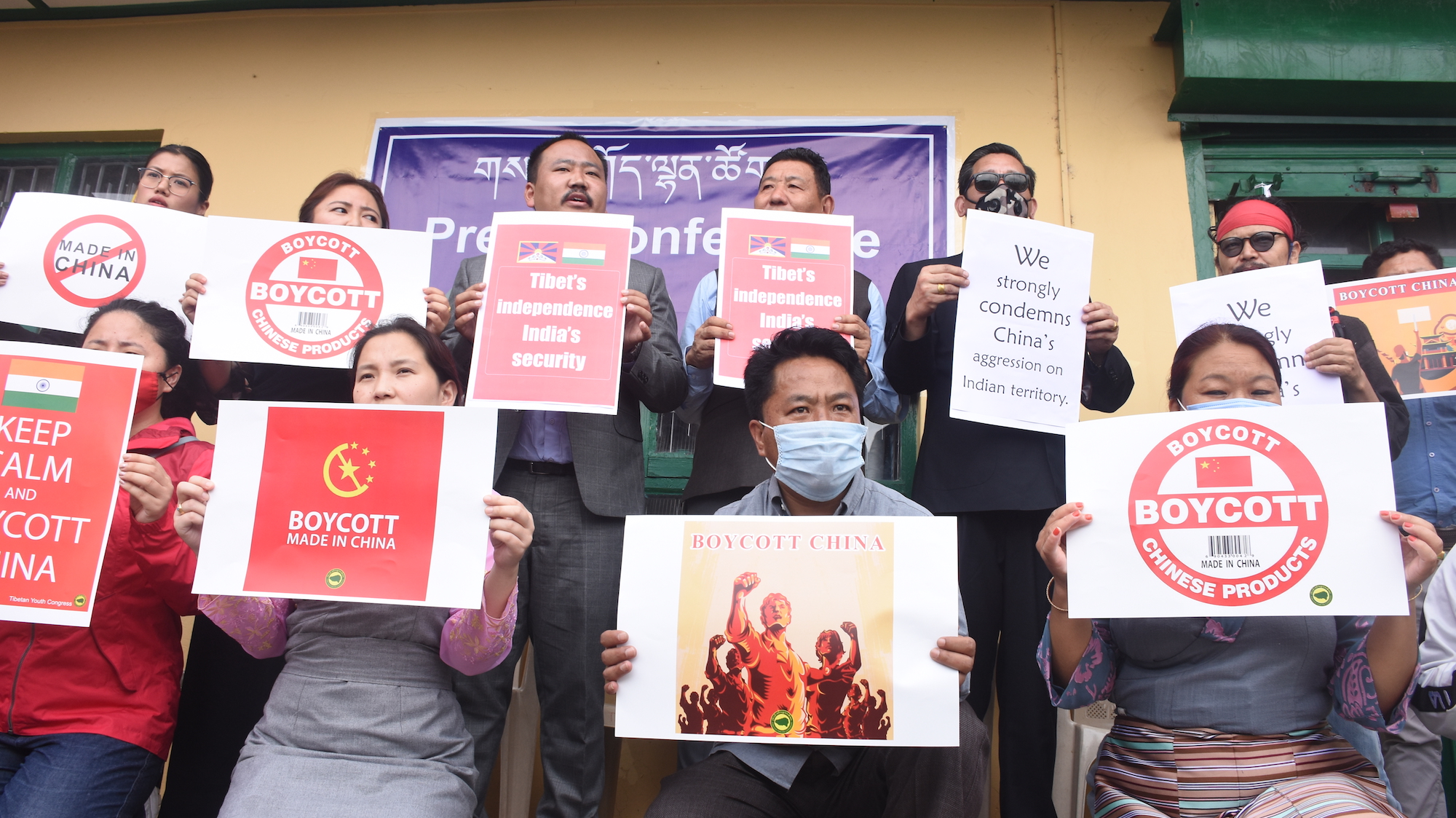 Representative of five Tibetan NGOs call for the boycott of chinese goods while expressing solidarity with India (Phayul photo by Kunsang Gashon- June 18 2020)