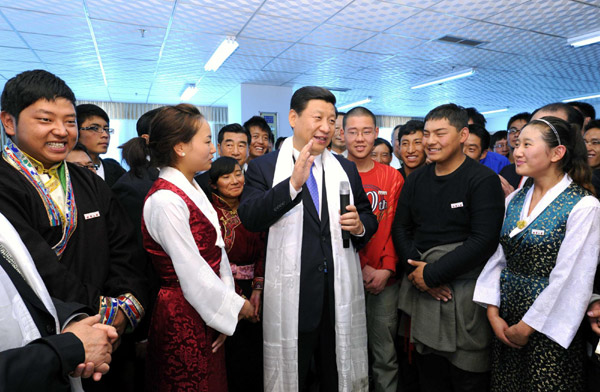 While systemic discrimination is common place in Tibet, official channels portray a rosy image. Then Vice President Xi Jinping visits Tibet University in TAR back in 2011. (photo-China daily)